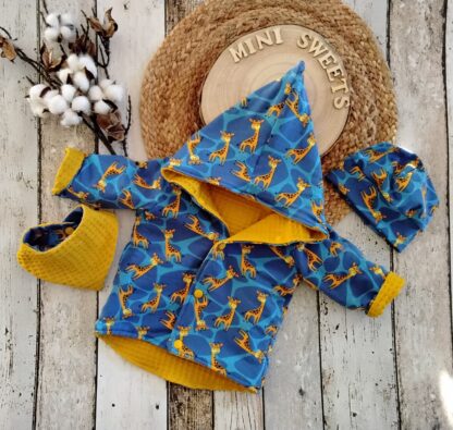 Set aus Wendejacke mit Mütze und Wendehalstuch Giraffen gr 56 – Bild 10